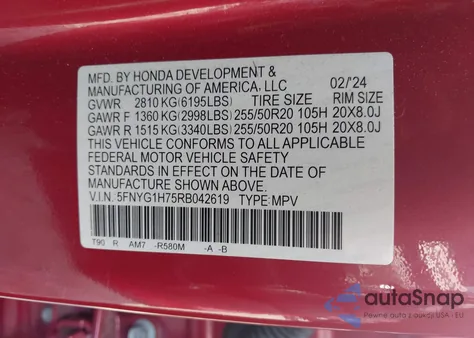 2024 Honda Pilot Touring from USA, damaged, VIN 5FNYG1H75RB042619